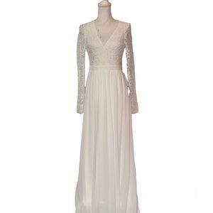 LULU’S “Awaken My Love” Long Sleeve Lace Maxi Wedding Dress in White Size Small